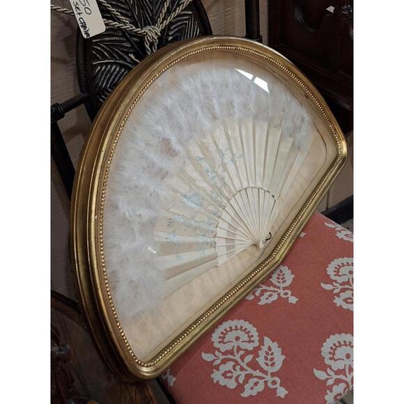 Antique Silk Hand Painted Floral Feather Fan in Gilded Fan Box 25x6x2 - Picture 5 of 10